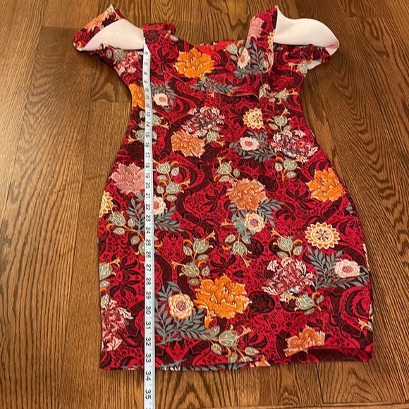 GUESS Red Elysian Floral Shaye OFF THE SHOULDER ruffle fitted SCUBA mini dress L - Picture 14 of 16